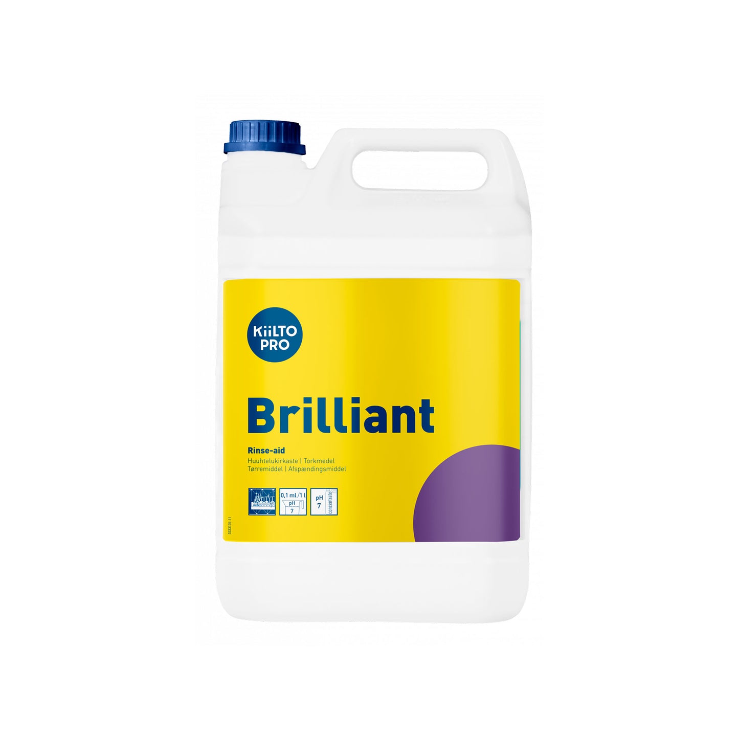 5 liter dunk med Kiilto Pro Brilliant afspændingsmiddel til maskinopvask – effektiv mod kalk og ideel til plastservice.