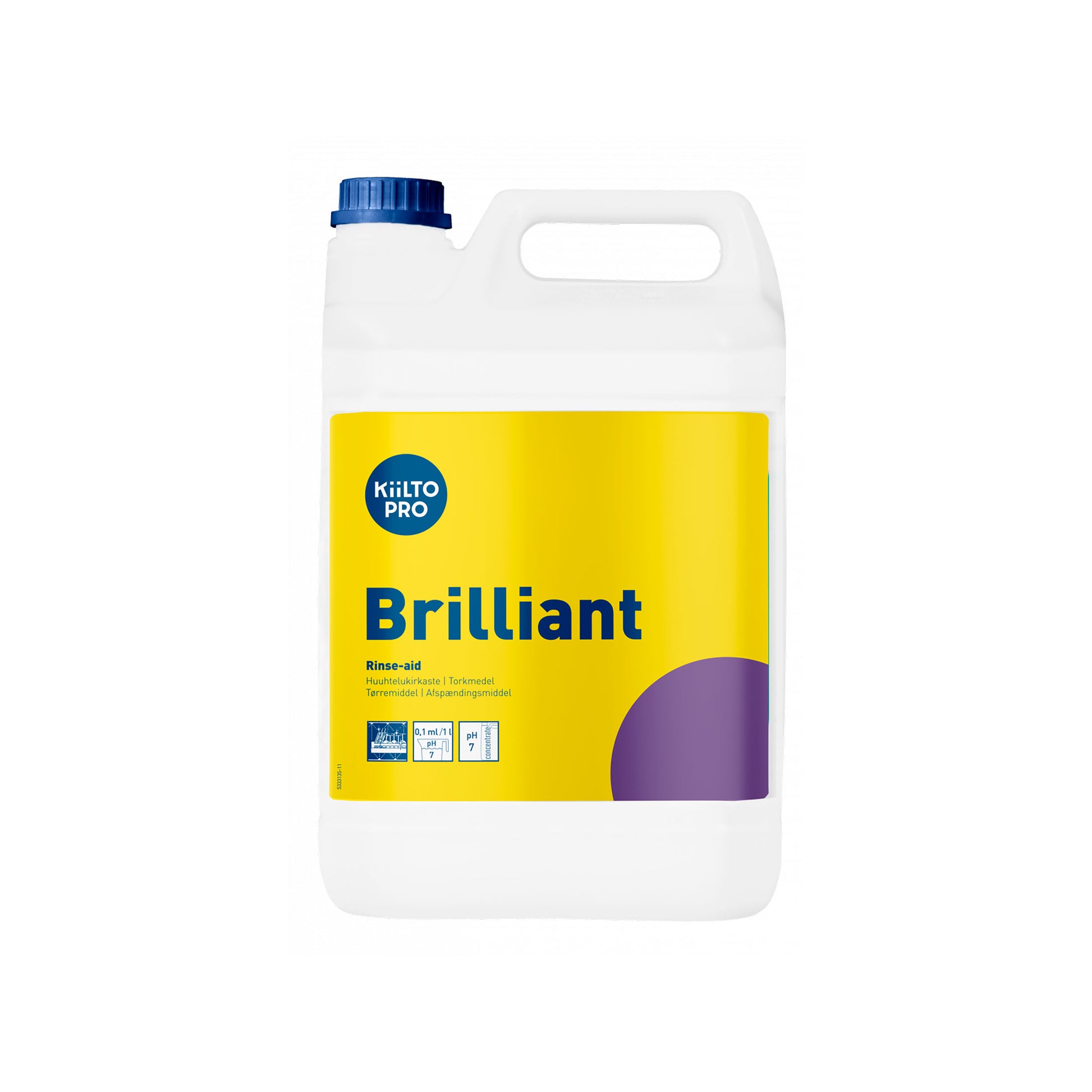 5 liter dunk med Kiilto Pro Brilliant afspændingsmiddel til maskinopvask – effektiv mod kalk og ideel til plastservice.