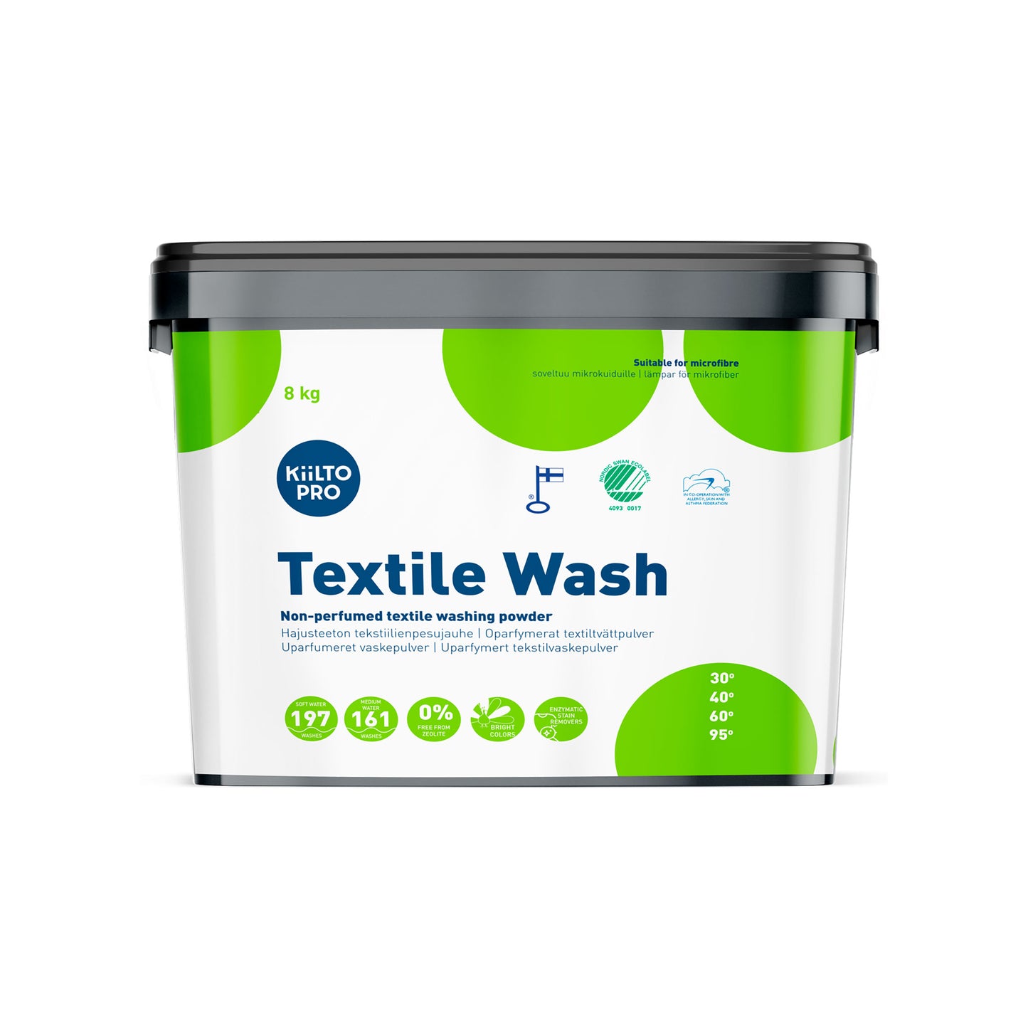 Kiilto Pro tekstilvask 8 kg – professionelt, uparfumeret vaskepulver til farvede tekstiler i genanvendelig spand.
