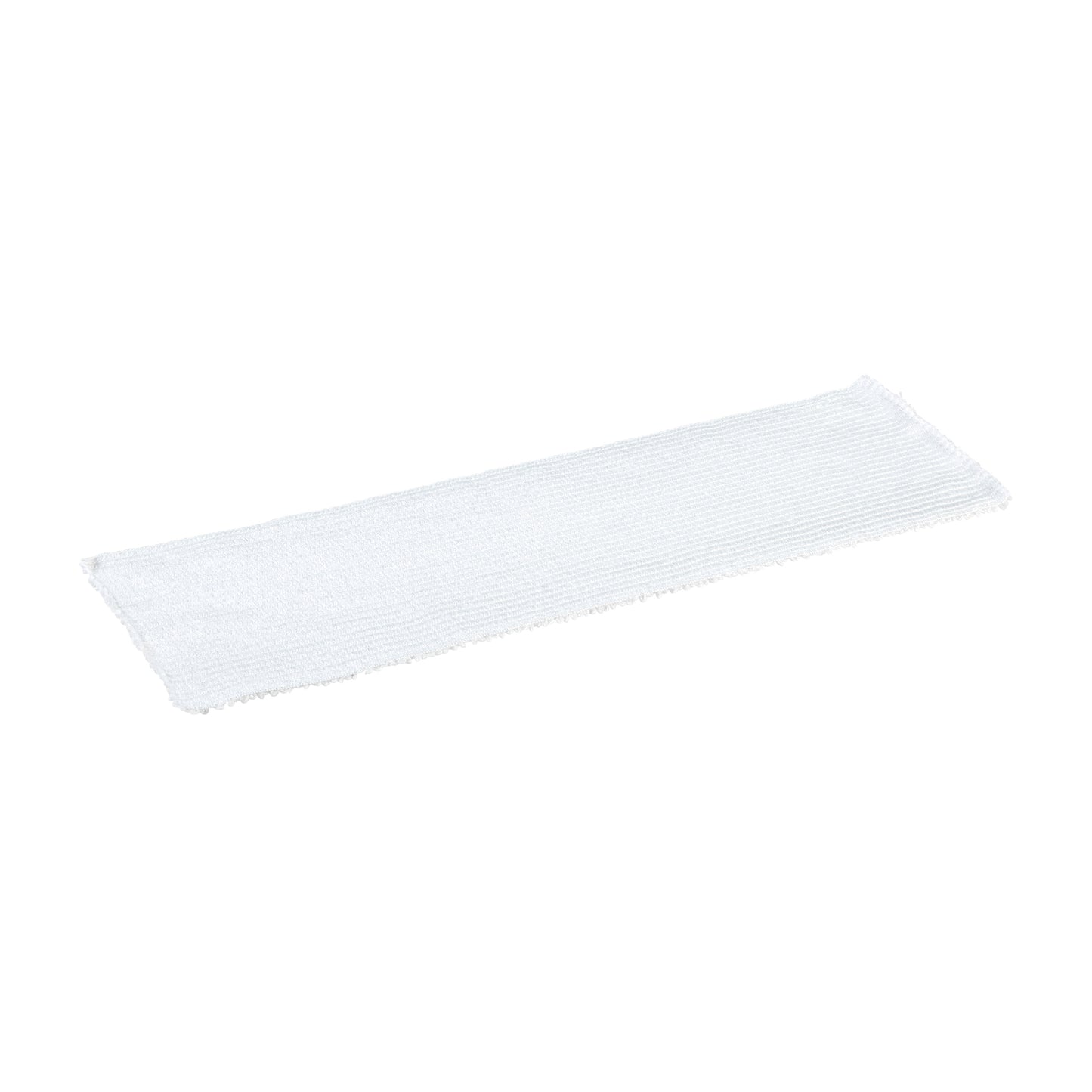 Hvid engangsmoppe i 100 % mikrofiber med fine løkker til effektiv opsamling af støv, snavs og skidt på gulve og hårde overflader.