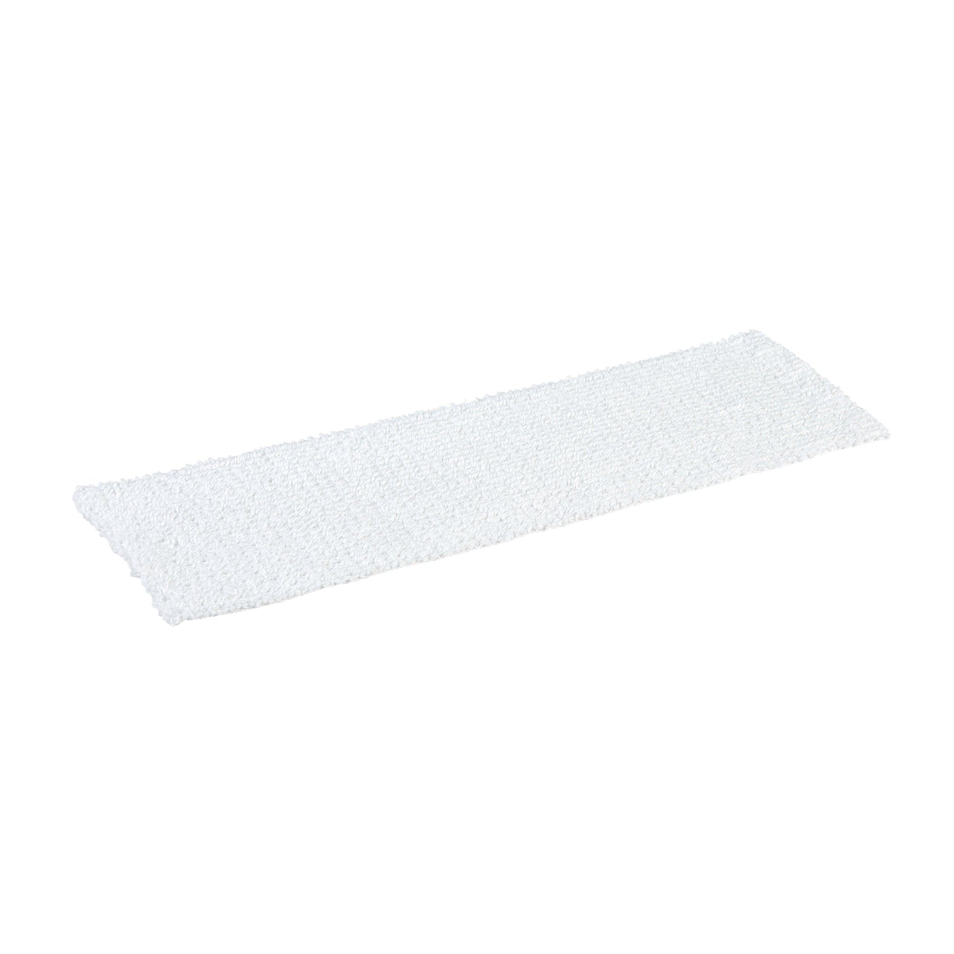 Hvid engangsmoppe i 100 % mikrofiber med fine løkker til effektiv opsamling af støv, snavs og skidt på gulve og hårde overflader.