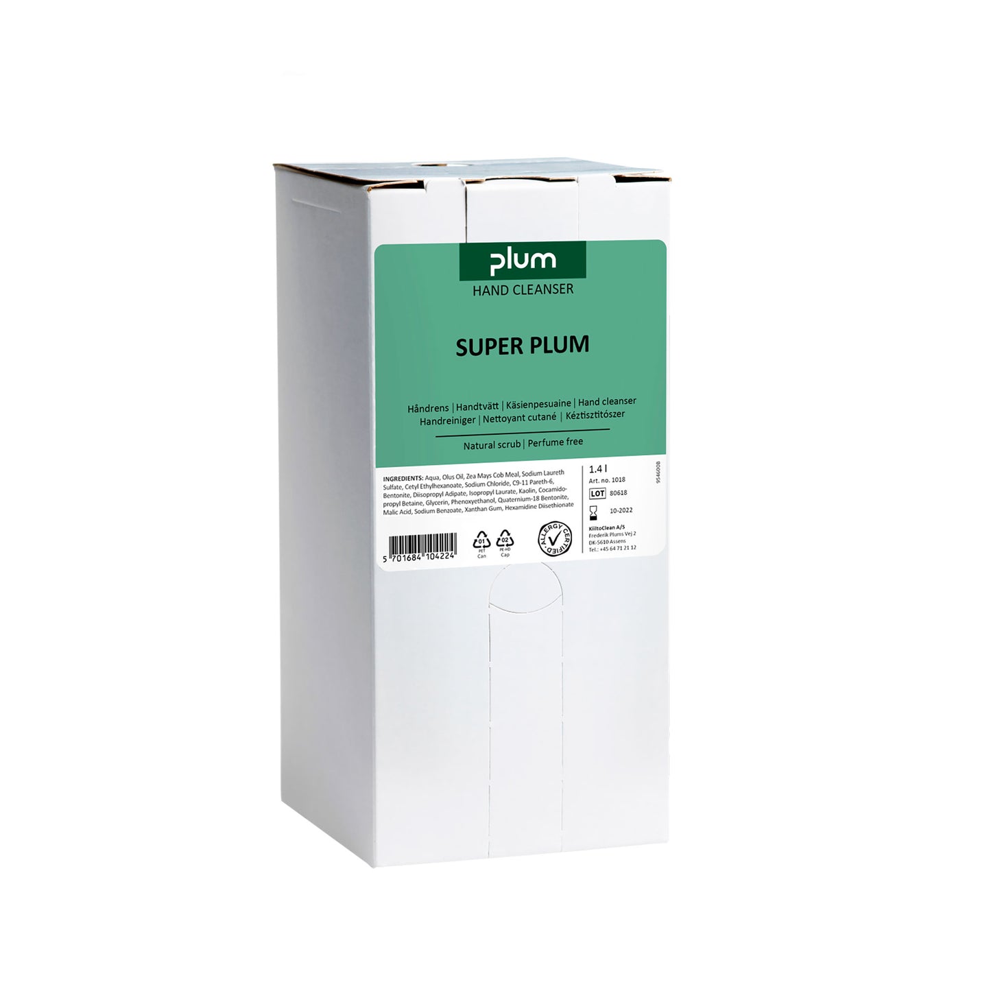 Plum Super Plum håndrens i hvid kasse med grøn top-etiket og produktinformation