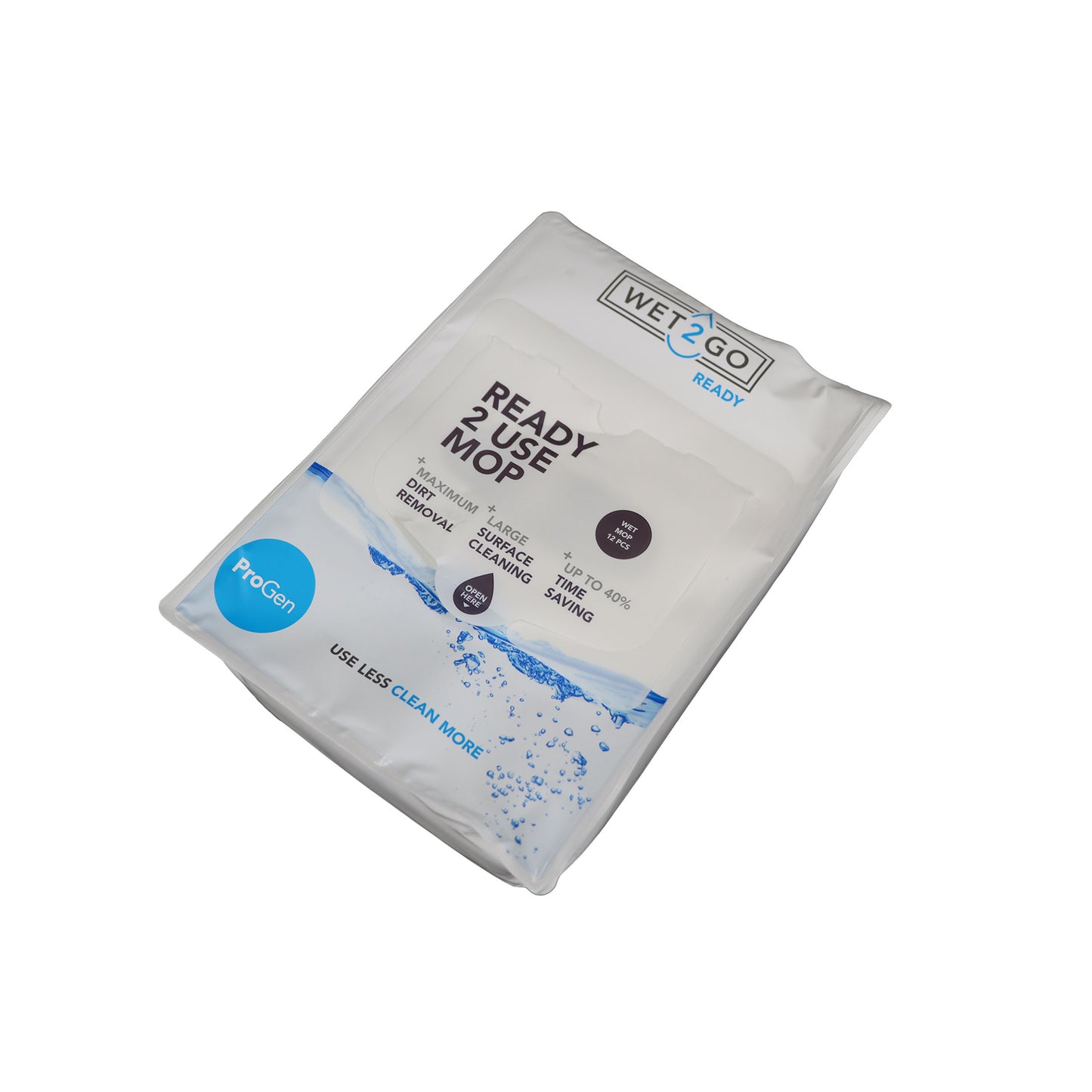 Wet2Go Ready Mop ProGen – forvådet engangsmoppe med 3-lags mikrofiberdesign til hurtig og hygiejnisk rengøring af vandbestandige gulve.