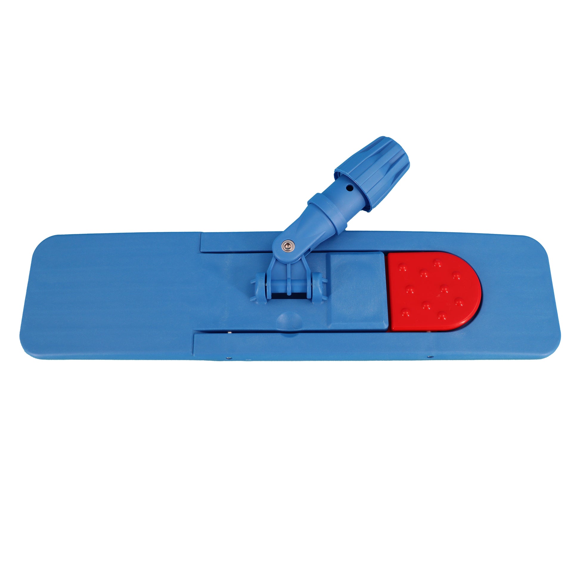 Magnet lomme-fremfører er en rektangulær moppeholder, der er designet til at fastgøre og holde mopper på plads ved hjælp af magneter. Den har en blå base med et rødt område, hvor magneterne sandsynligvis er placeret for at sikre moppen. Der er også et drejeligt led i midten, som gør det muligt at justere vinklen på moppeholderen for nemmere rengøring af forskellige overflader og hjørner