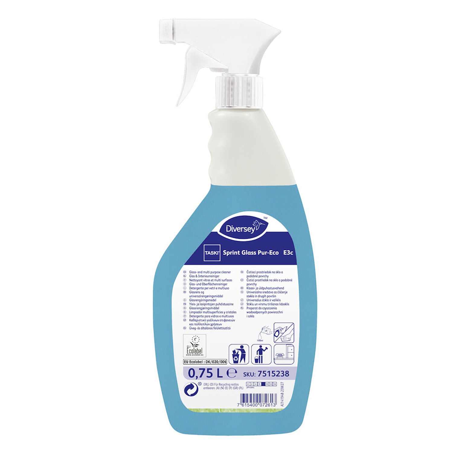 TASKI Sprint Glass Pur-Eco E3c 0,75 l rengøringsmiddel i sprayflaske, blå og hvid