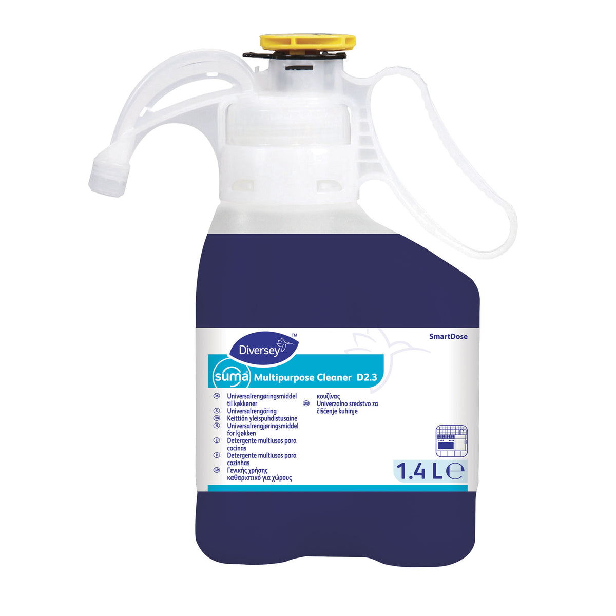 Suma SmartDose Multipurpose Cleaner D2.3 højkoncentreret universalrengøringsmiddel i SmartDose-flaske til professionel køkkenrengøring, gulvvask, opvask og glasrens.