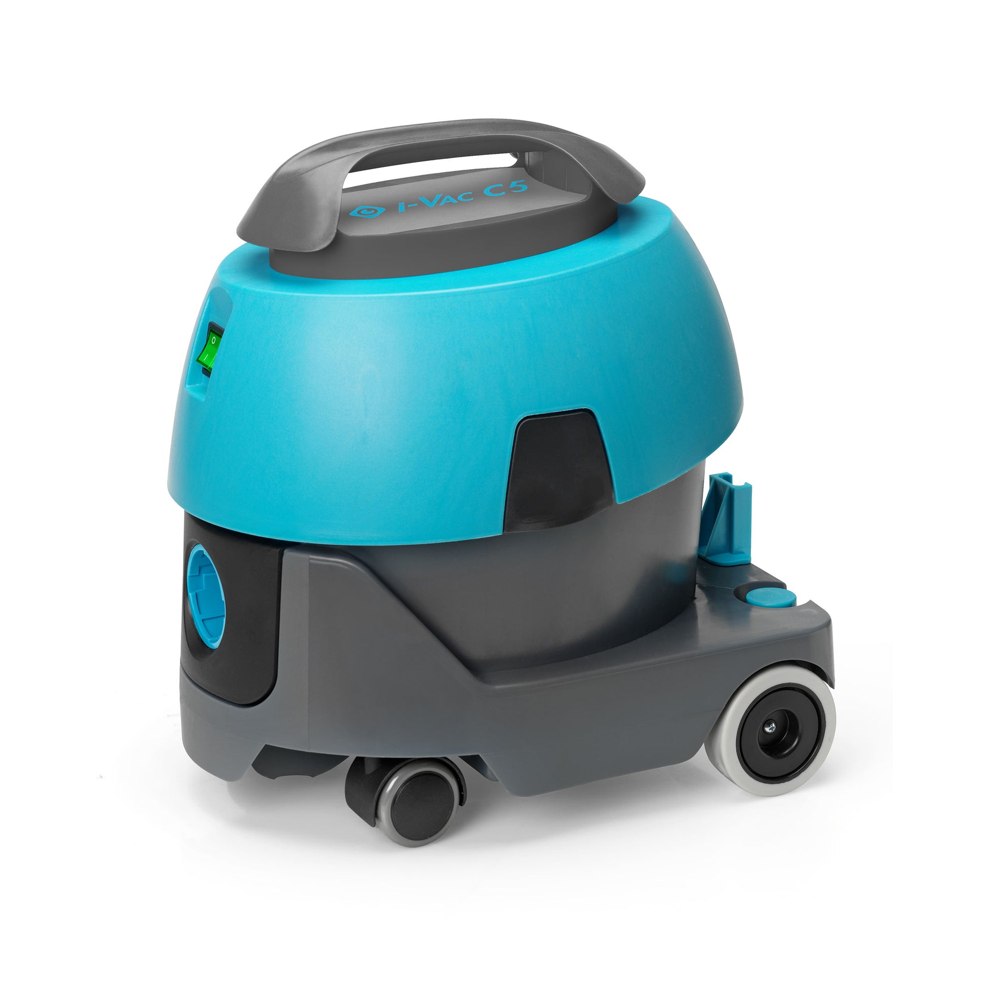 i‑vac 5 professionel støvsuger med ergonomisk bærehåndtag, fleksibel slange, teleskoprør og 8 meters aftagelig ledning. Støvsugeren er vist i neutral belysning på et rent baggrundsmiljø for at fremhæve dens robuste konstruktion, 5-liters støvposekapacitet og praktiske integrerede redskabsholdere.
