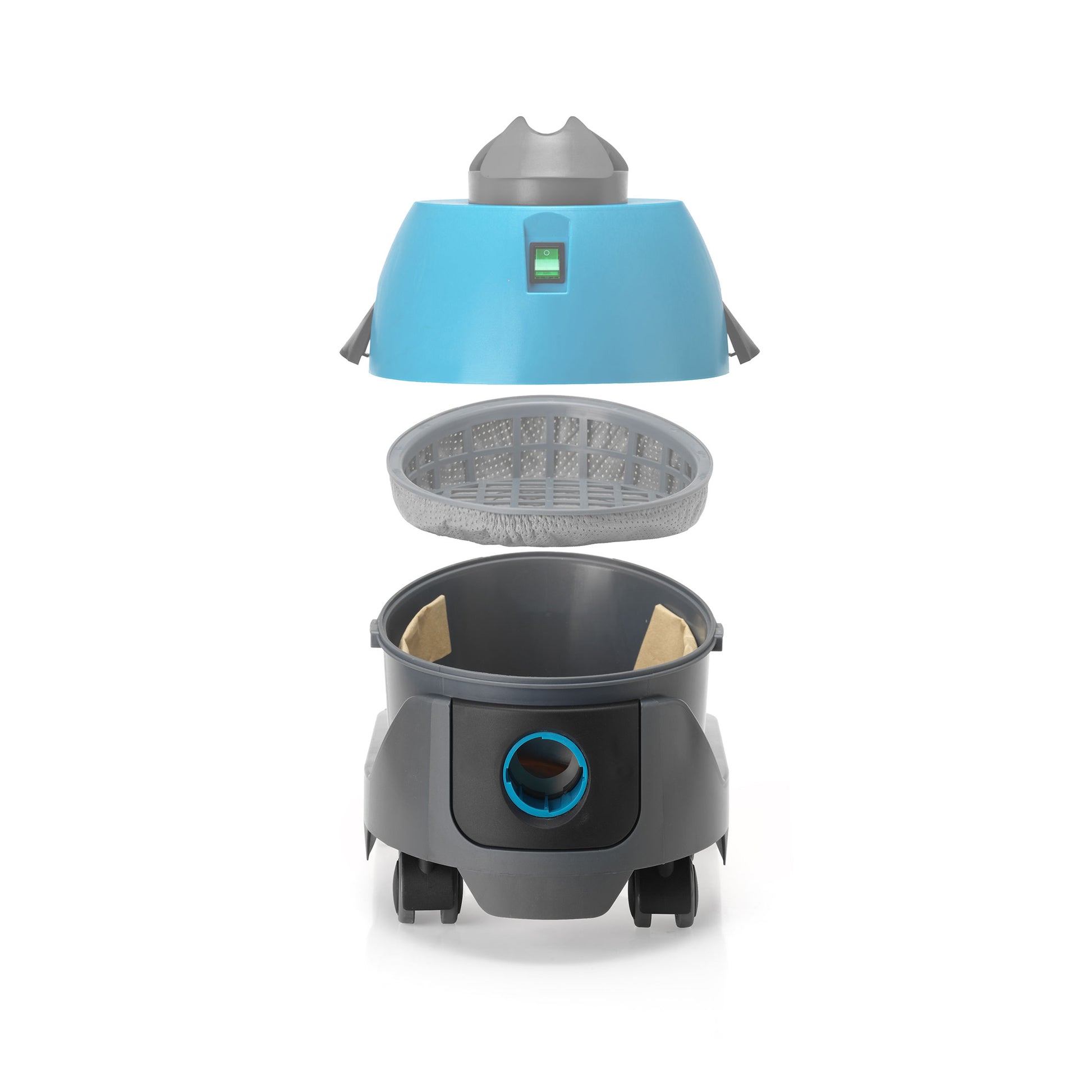 i‑vac 5 professionel støvsuger med ergonomisk bærehåndtag, fleksibel slange, teleskoprør og 8 meters aftagelig ledning. Støvsugeren er vist i neutral belysning på et rent baggrundsmiljø for at fremhæve dens robuste konstruktion, 5-liters støvposekapacitet og praktiske integrerede redskabsholdere.