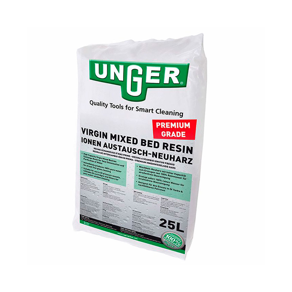 Unger Granulat 25 liter – Mixed bed-harpiks til fremstilling af deioniseret vand. Ideel til Unger HiFlo™ DI-filter for stribefri glasrengøring.