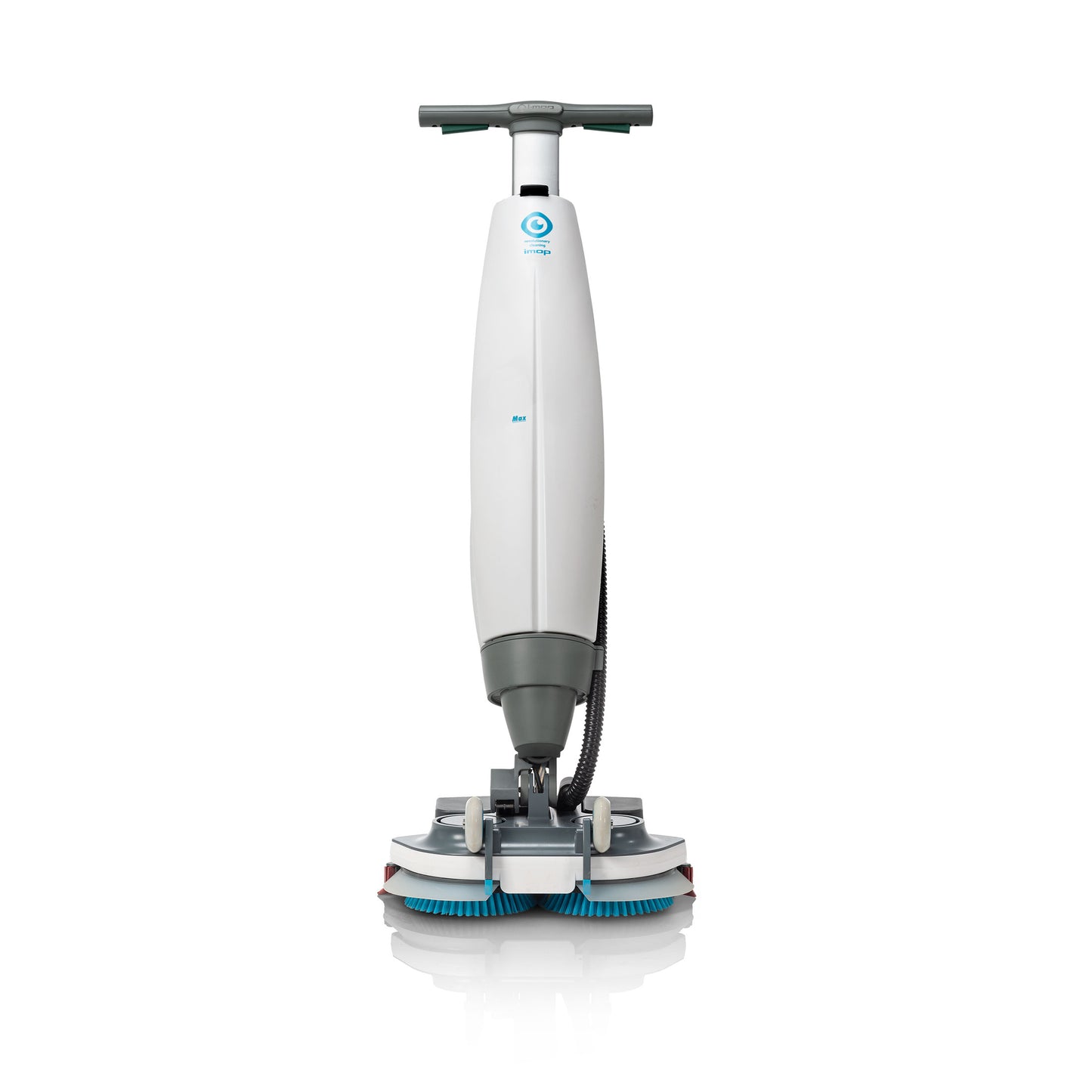 Gulvvaskemaskinen i‑team imop 36 set forfra med 36 cm vaskebredde, modsatroterende børster, letvægtshåndtag og kompakt design til effektiv rengøring af små områder.