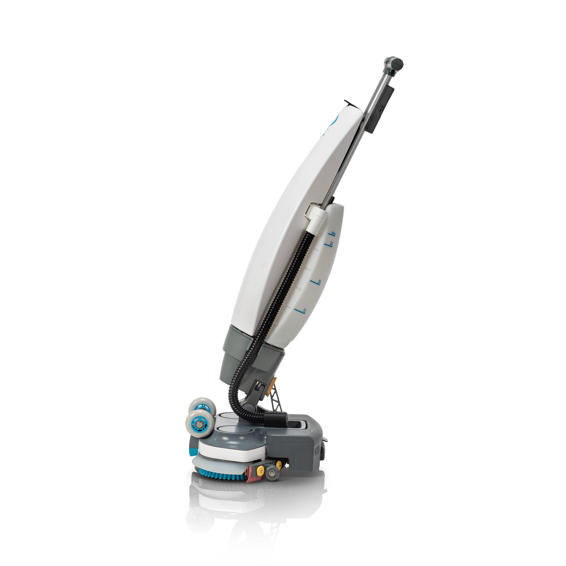 Gulvvaskemaskinen i‑team imop 36 set fra siden med 36 cm vaskebredde, modsatroterende børster, letvægtshåndtag og kompakt design til effektiv rengøring af små områder.