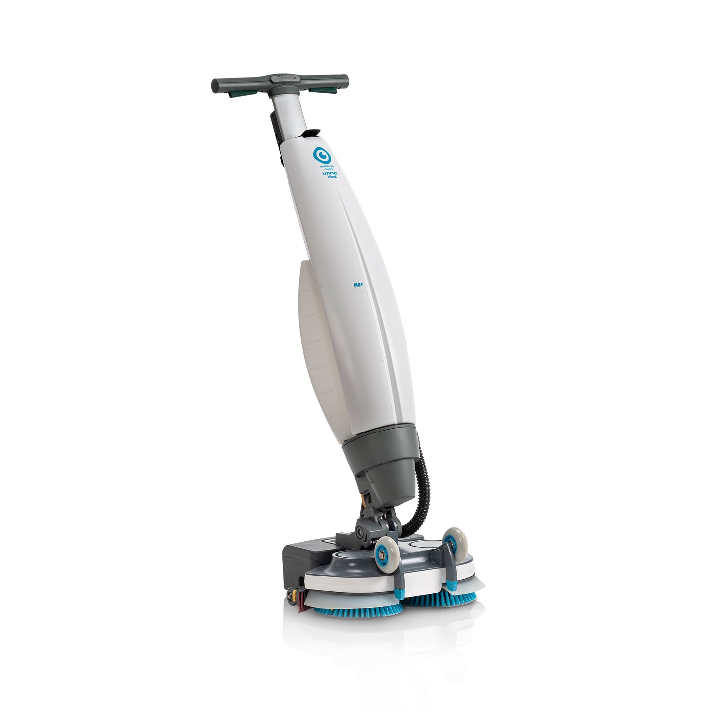 Gulvvaskemaskinen i‑team imop 36 set fra siden med 36 cm vaskebredde, modsatroterende børster, letvægtshåndtag og kompakt design til effektiv rengøring af små områder.