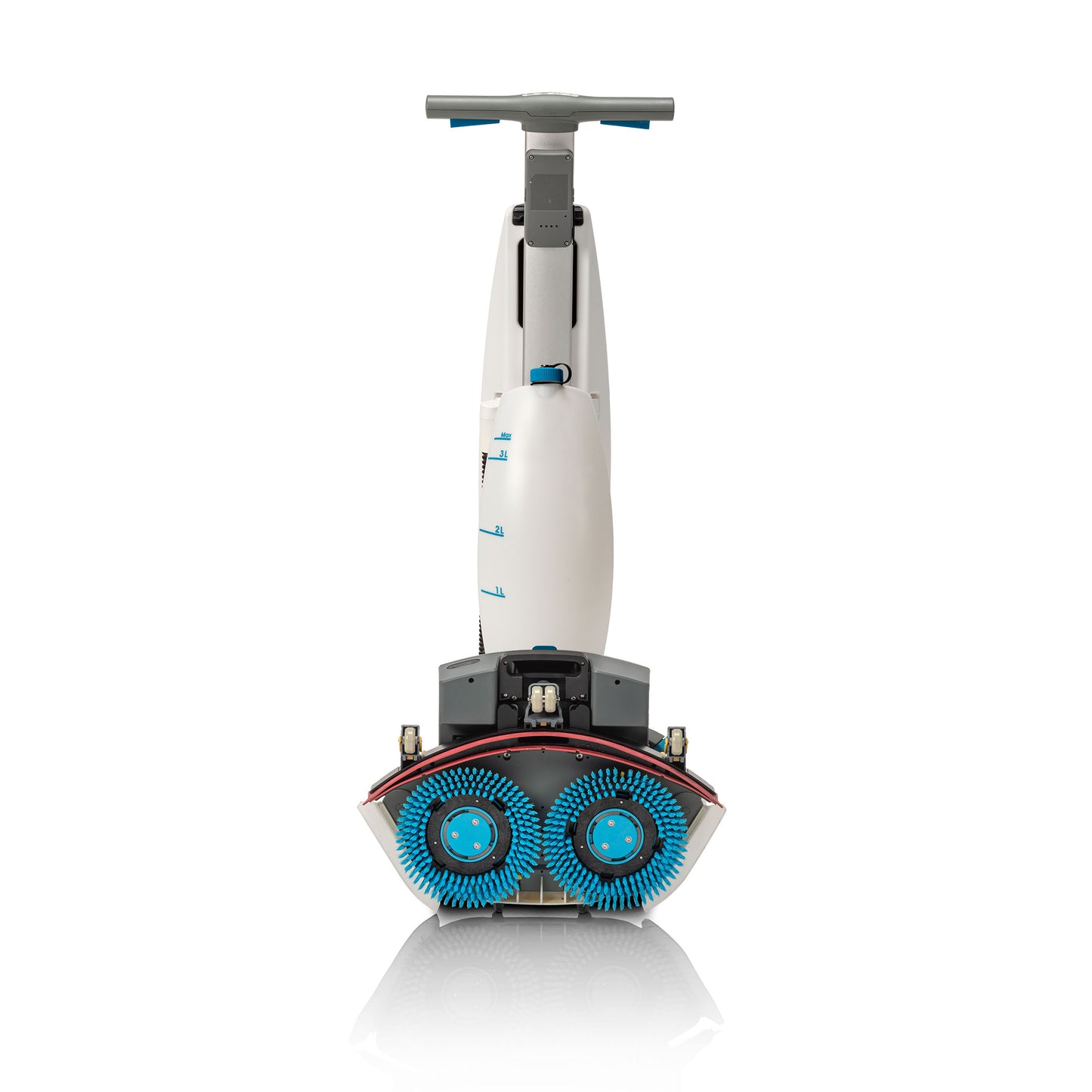 i‑mop 40 Pro gulvvaskemaskine, set bagfra, med modsatroterende børster, ergonomisk håndtag, modulært design og kompakt 40 cm vaskebredde under professionel rengøring.