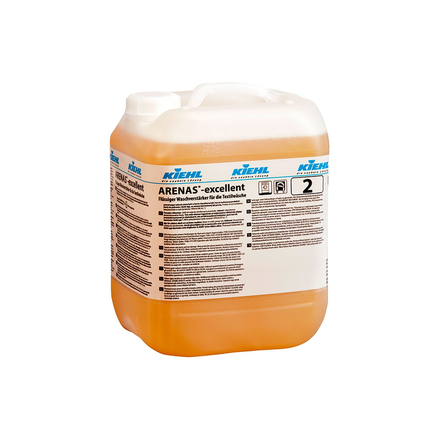 10 liter dunk med ARENAS Excellent fra Kiehl – fosfatfri flydende vaskeforstærker til farvet og hvidt tøj, effektiv mod genstridigt snavs (30–90 °C).