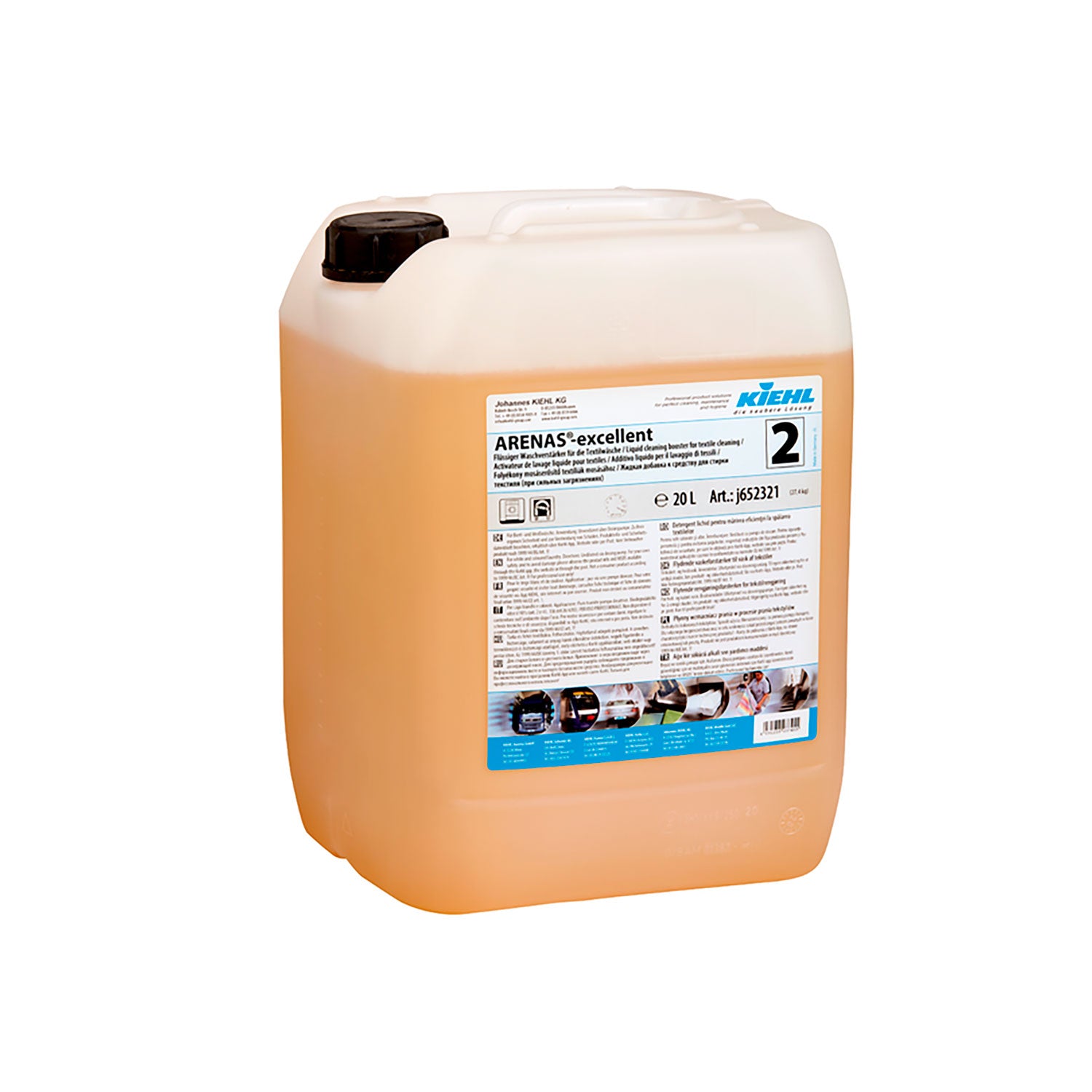 20 liter dunk med ARENAS Excellent fra Kiehl – fosfatfri flydende vaskeforstærker til farvet og hvidt tøj, effektiv mod genstridigt snavs (30–90 °C).