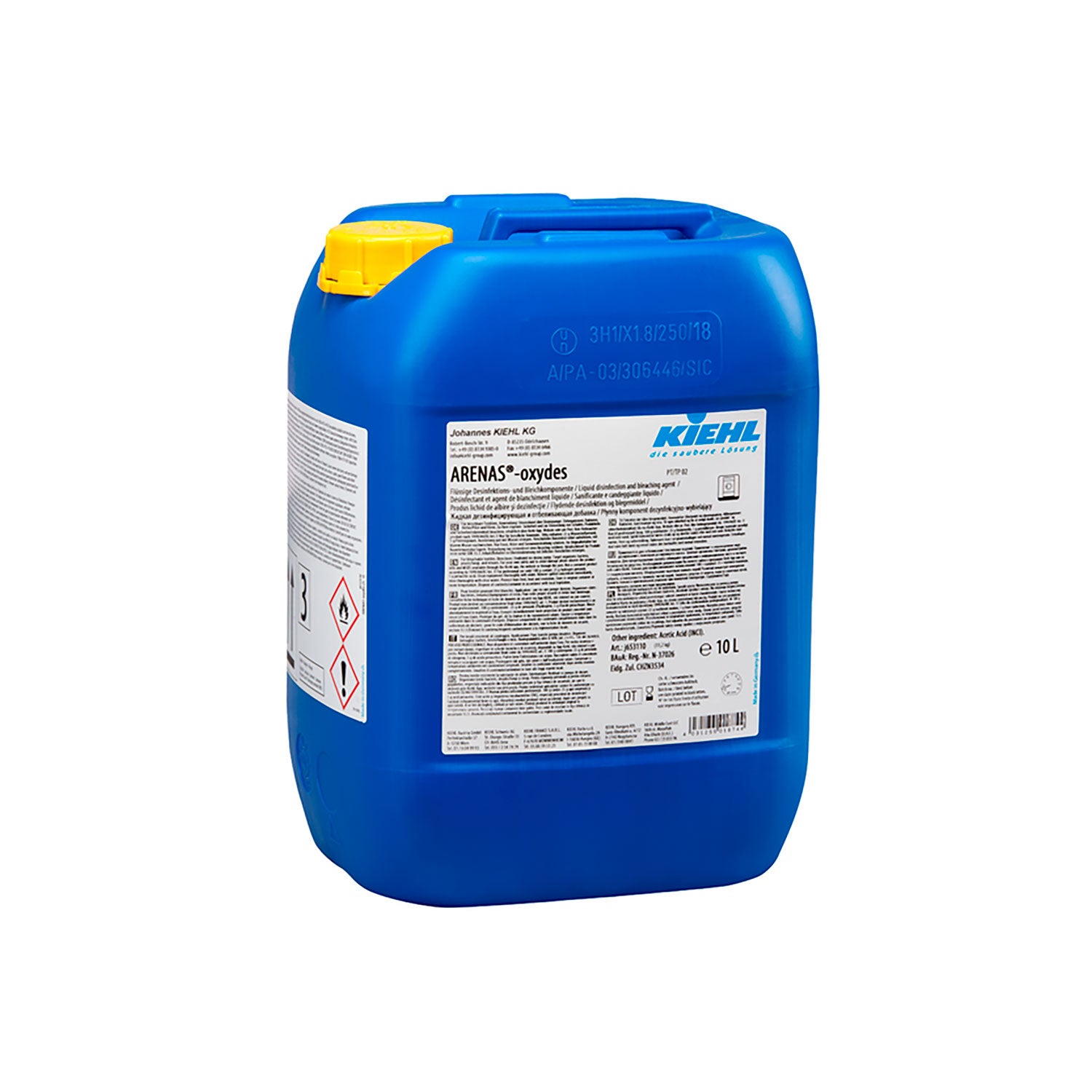 21 liter Kiehl Arenas Oxydes blegemiddel i robust dunk – til professionel tøjvask med desinfektion.