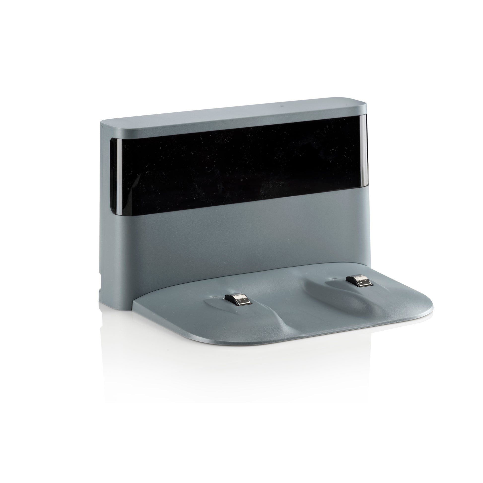 Opladestation i grå plast med to ladeplader og mørkt frontpanel.