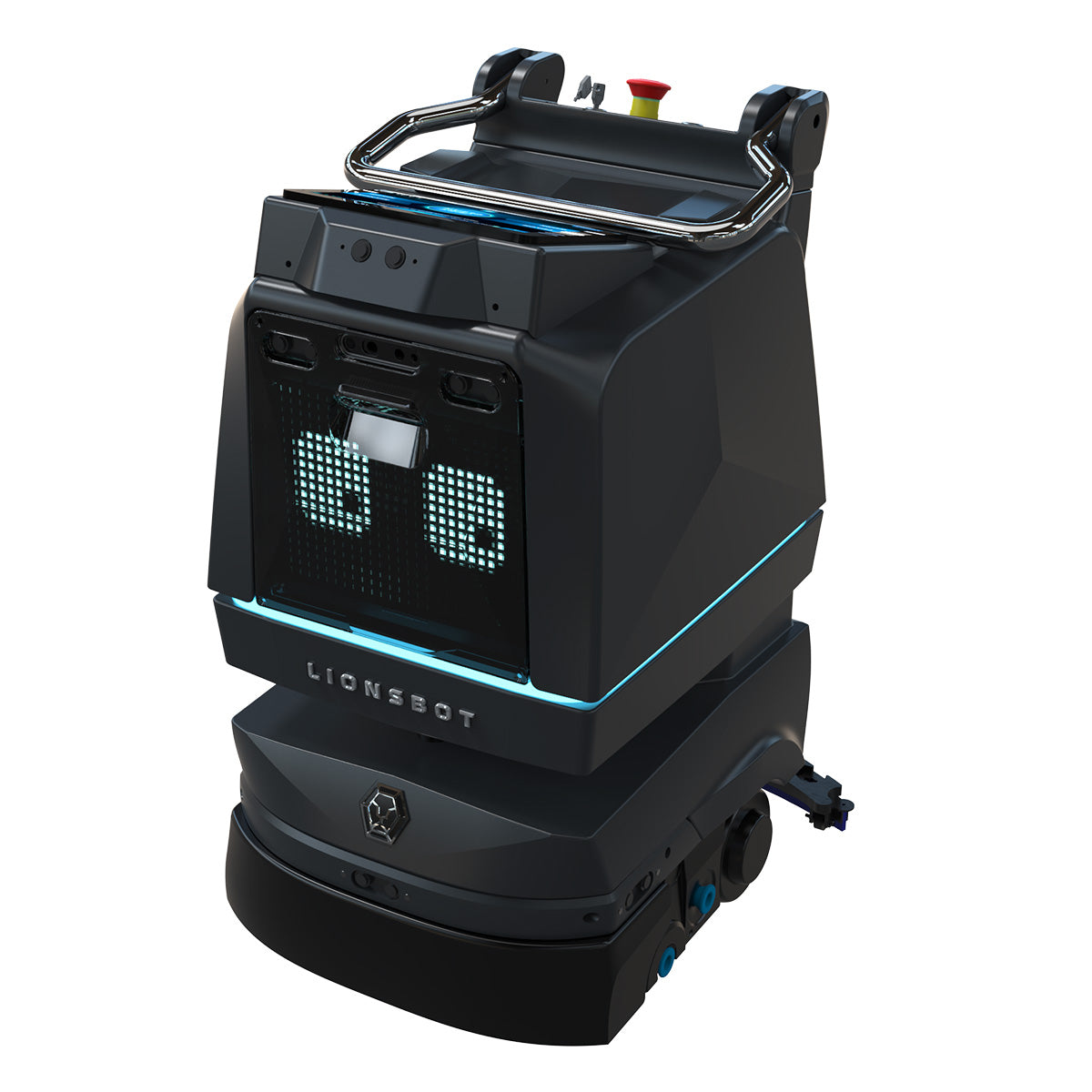 LIONSBOT R3 scrub robotgulvvaskemaskine med blå LED-lys og åben topbakke