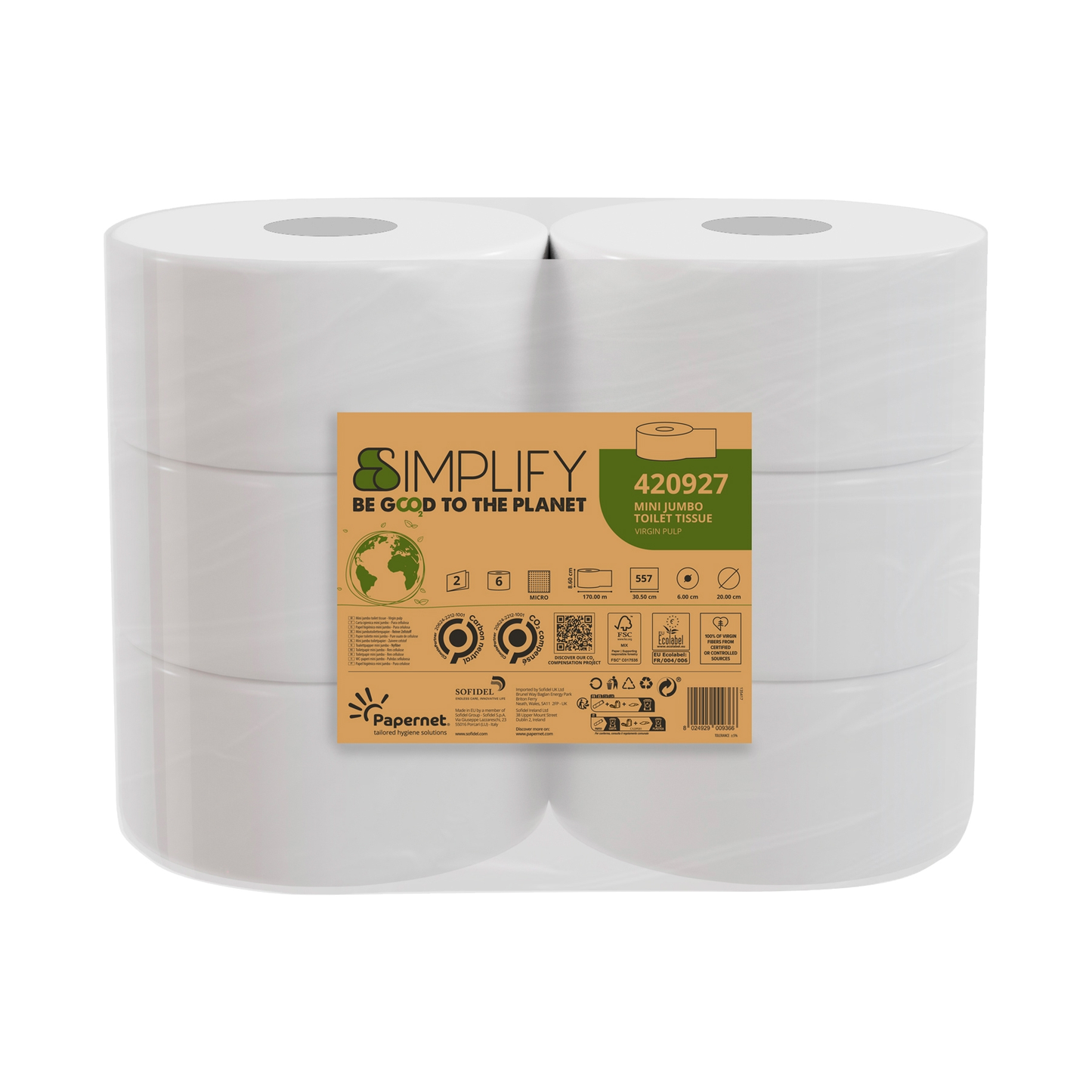 PAPERNET CO² Simplify Toiletpapir Mini Jumbo 2-lags hvid , 6x170 mtr